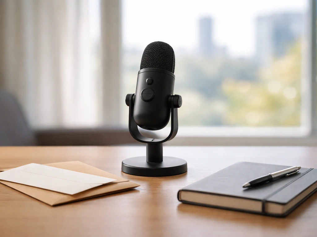 Minimal photo of a modern office desk with a microphone and scattered envelopes, suggesting changing fortunes over time.