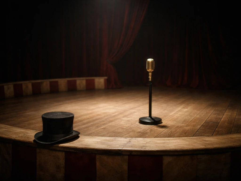 Empty circus ring with a brass microphone and vintage top hat under soft stage lighting.