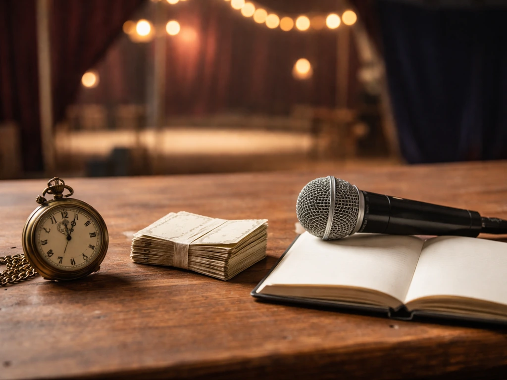 Minimal table scene with tickets, a pocket watch, and a microphone in a softly lit stage background.