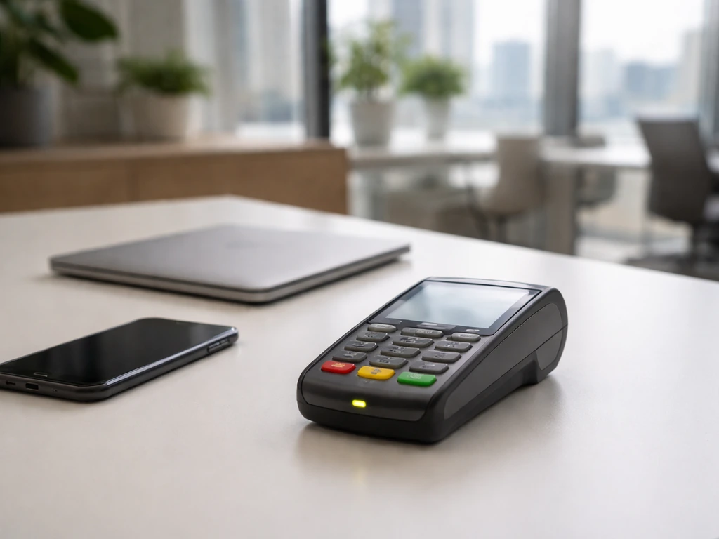 Modern office desk with a payment terminal and smartphone beside a laptop, suggesting fintech finance processing.