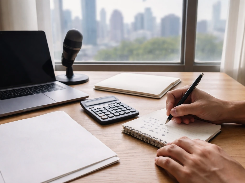 Hands at a desk estimating finances with laptop, calculator, and notebook in soft natural light.