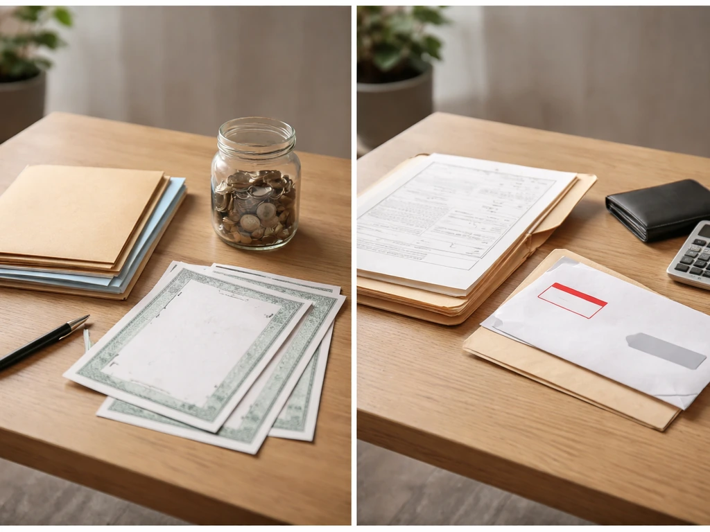 Split image: left desk with coins and certificates; right desk with unpaid-bill-style envelopes and forms.