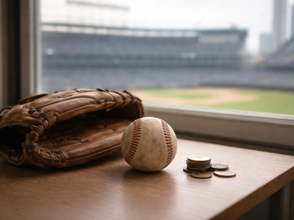 Minimal MLB-themed finance vibe: baseball glove and coin stack on a desk near a blurred stadium view.