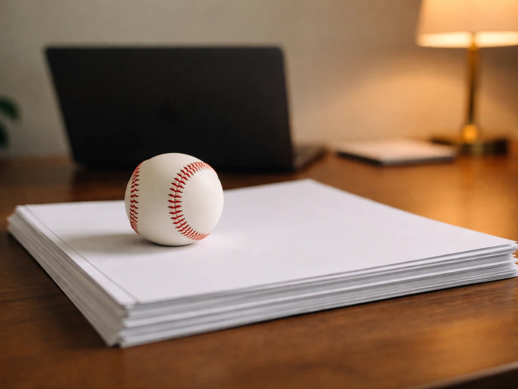 Baseball and contract documents beside a laptop in a quiet office, symbolizing MLB earnings and contracts.