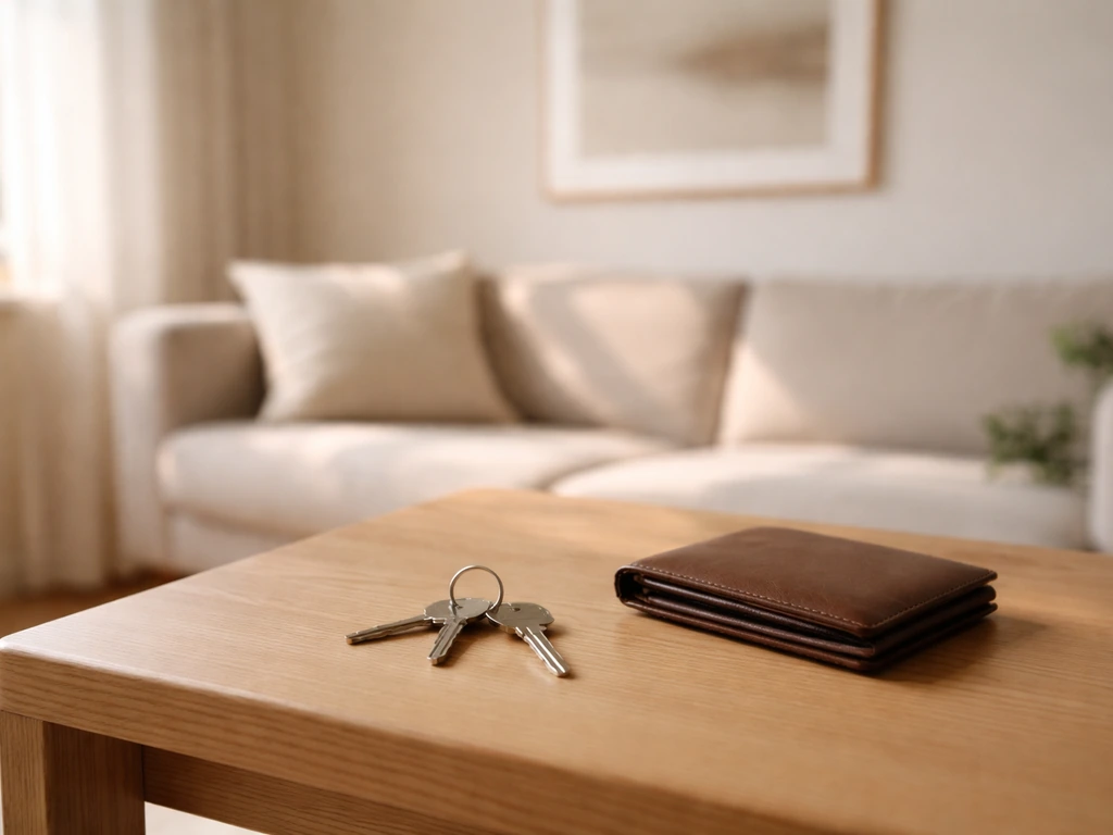 Sunlit modern living room with a tidy desk and framed keys, symbolizing home ownership and lifestyle assets.
