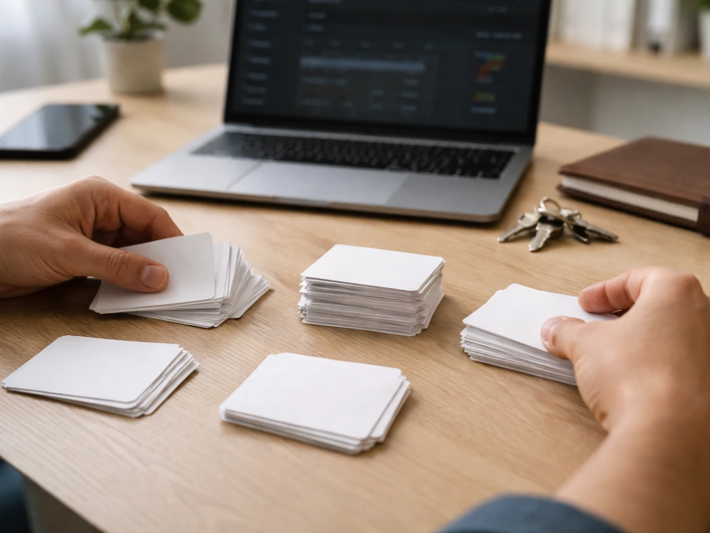 Hand placing small cards of income sources on a desk beside a laptop, symbolizing net worth triangulation