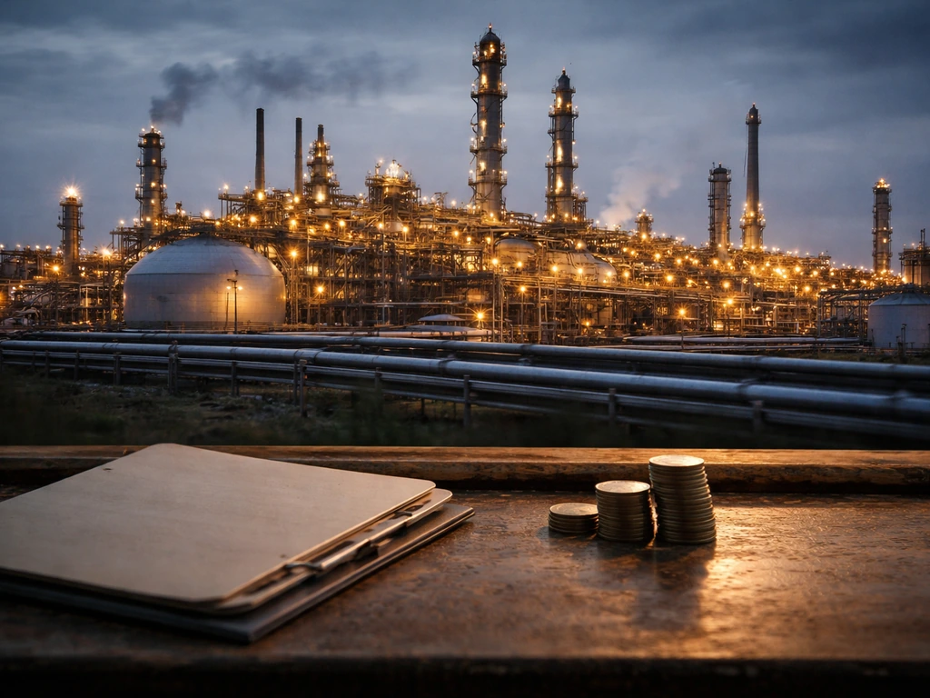 Oil refinery infrastructure in Venezuela with coins and a blank folder to suggest asset valuation.