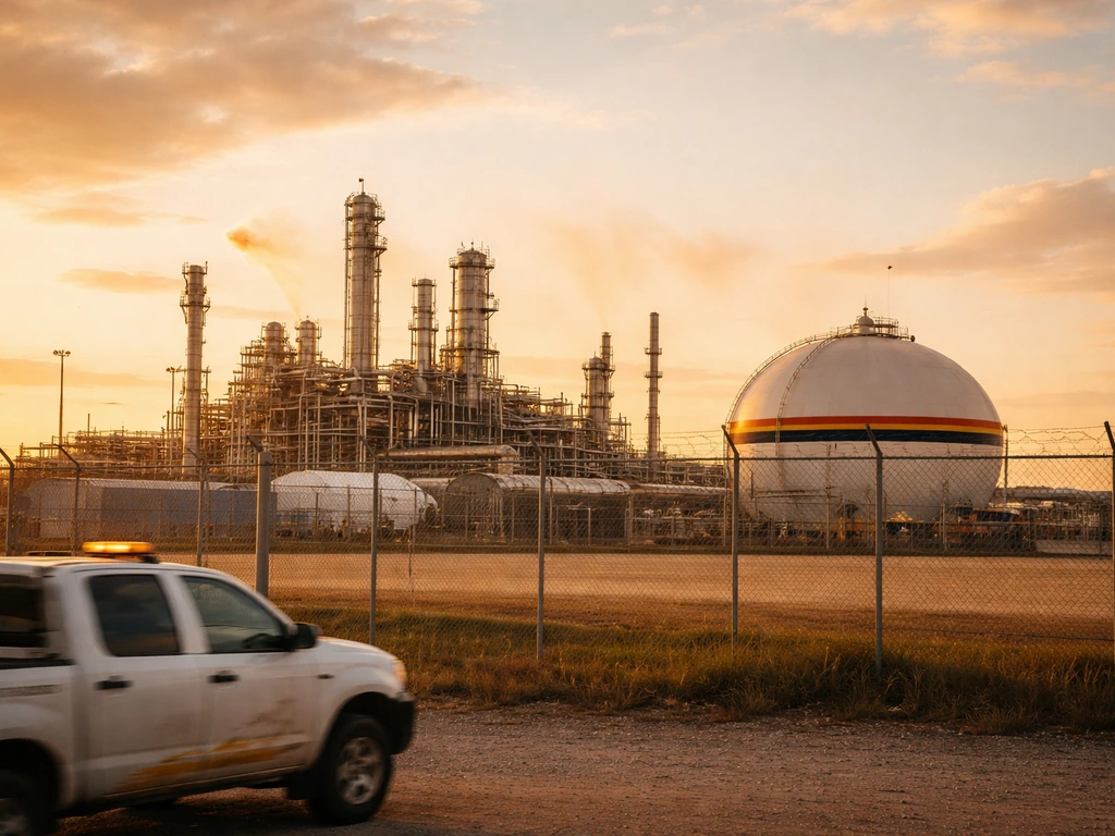 Minimal view of an oil-and-gas facility with storage tanks and pipes, conveying PDVSA operations.