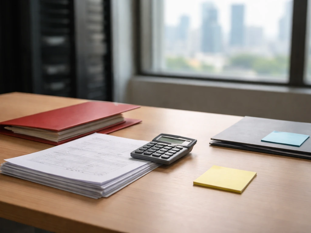 Minimal office desk with papers and a small calculator, symbolizing assets, liabilities, equity, and enterprise value.