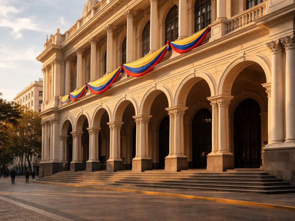 Caracas government building facade with Venezuela flag colors, conveying state control context for PDVSA finances