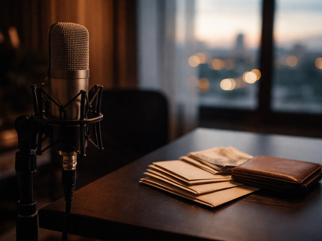 Minimal studio scene with a microphone and scattered cash envelopes, symbolizing a music career and net worth