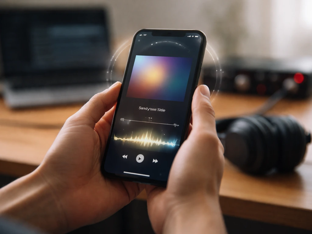 Anonymous hands holding a smartphone with a generic music streaming screen and subtle meter-like light.