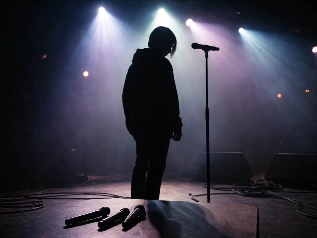 Backstage rehearsal scene with a pop singer silhouette under stage lights, mic stand and cables