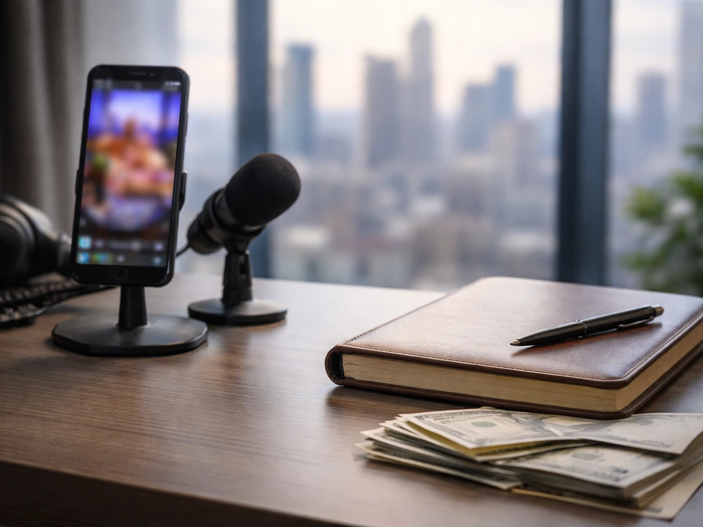 A simple desk scene with a phone streaming feed, microphone, and cash envelopes symbolizing media money claims.