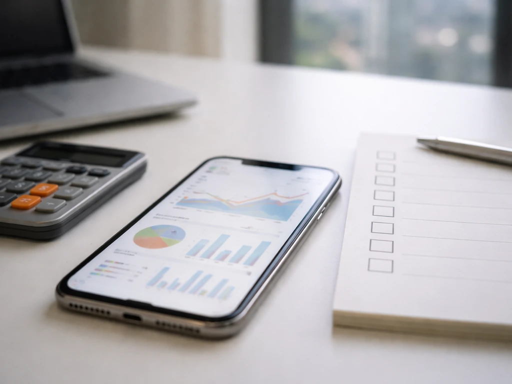 Close-up of a smartphone showing analytics charts, with a calculator and verification checklist on a desk