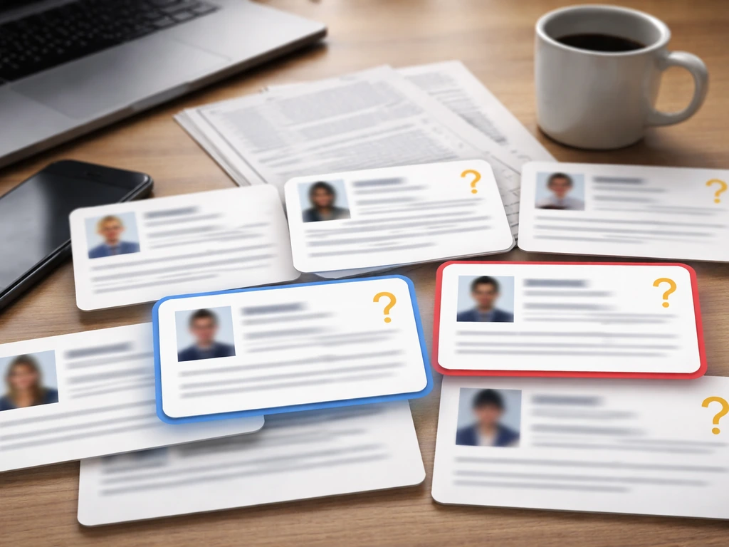 Desk with laptop and blurred search-result cards suggesting multiple people share the same name.