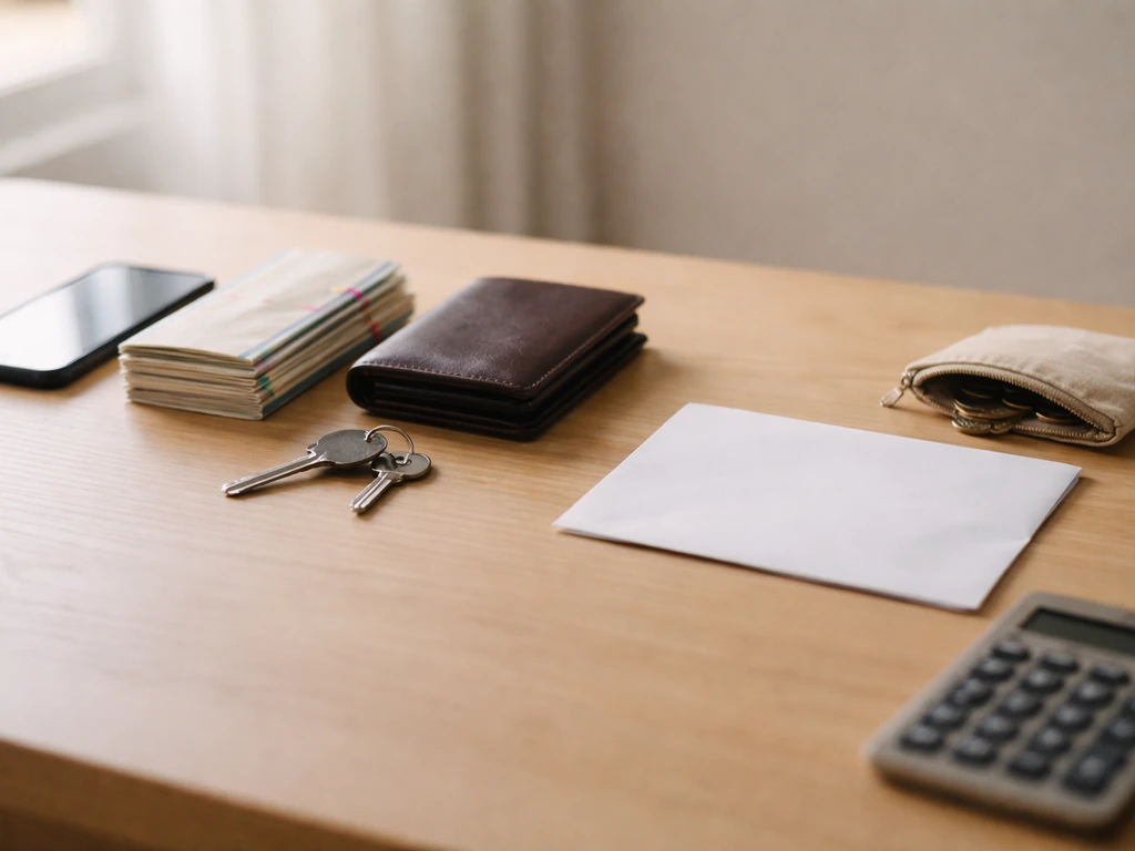 Minimal desk scene showing assets and debts represented by simple objects for a net-worth calculation idea