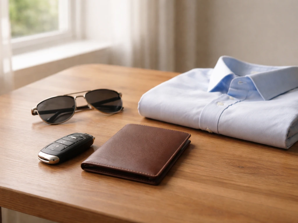 Minimal photo of a neatly arranged car key, sunglasses, and travel passport on a wooden desk