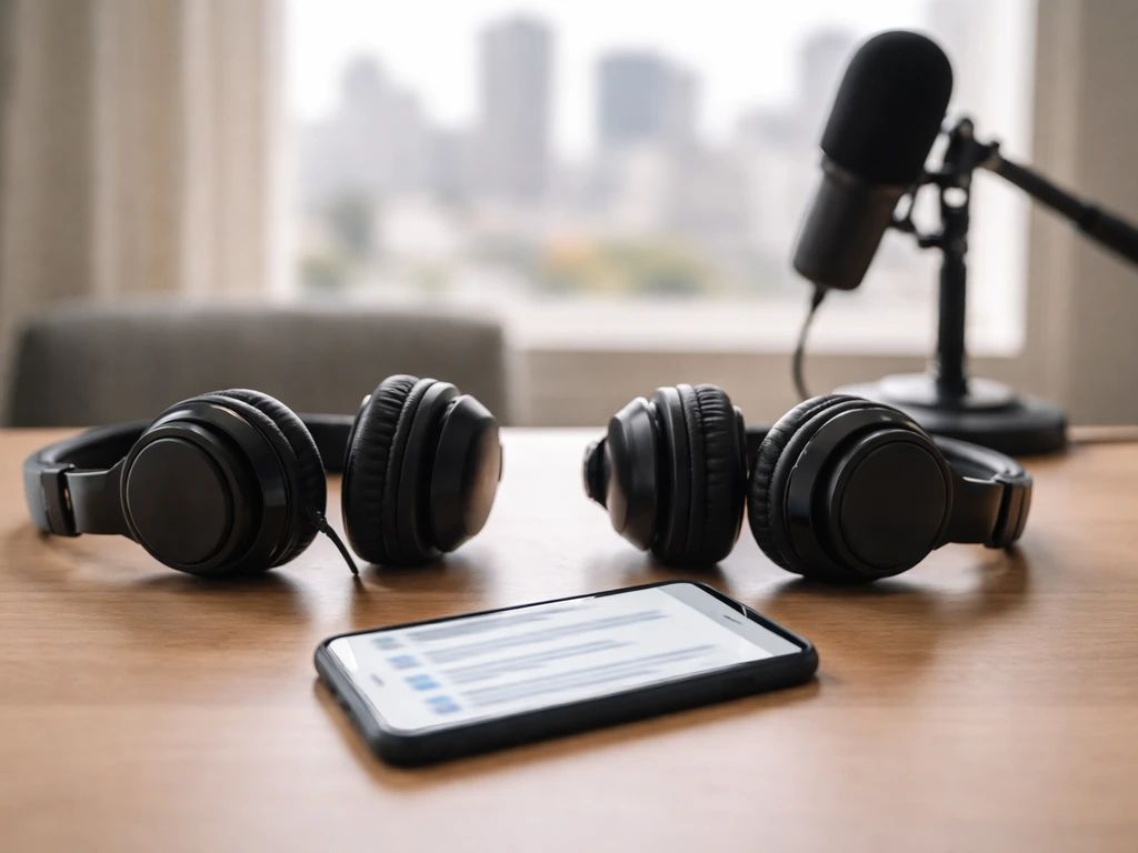 Anonymous studio desk with headphones and a smartphone showing blurred search-result shapes.