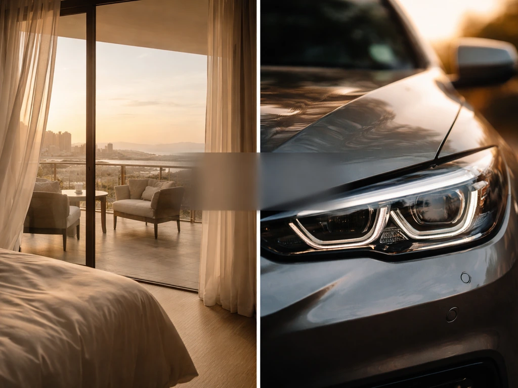 Two-panel image: luxury hotel balcony ambience and a close-up of an upscale car detail, with subtle uncertainty overlay.
