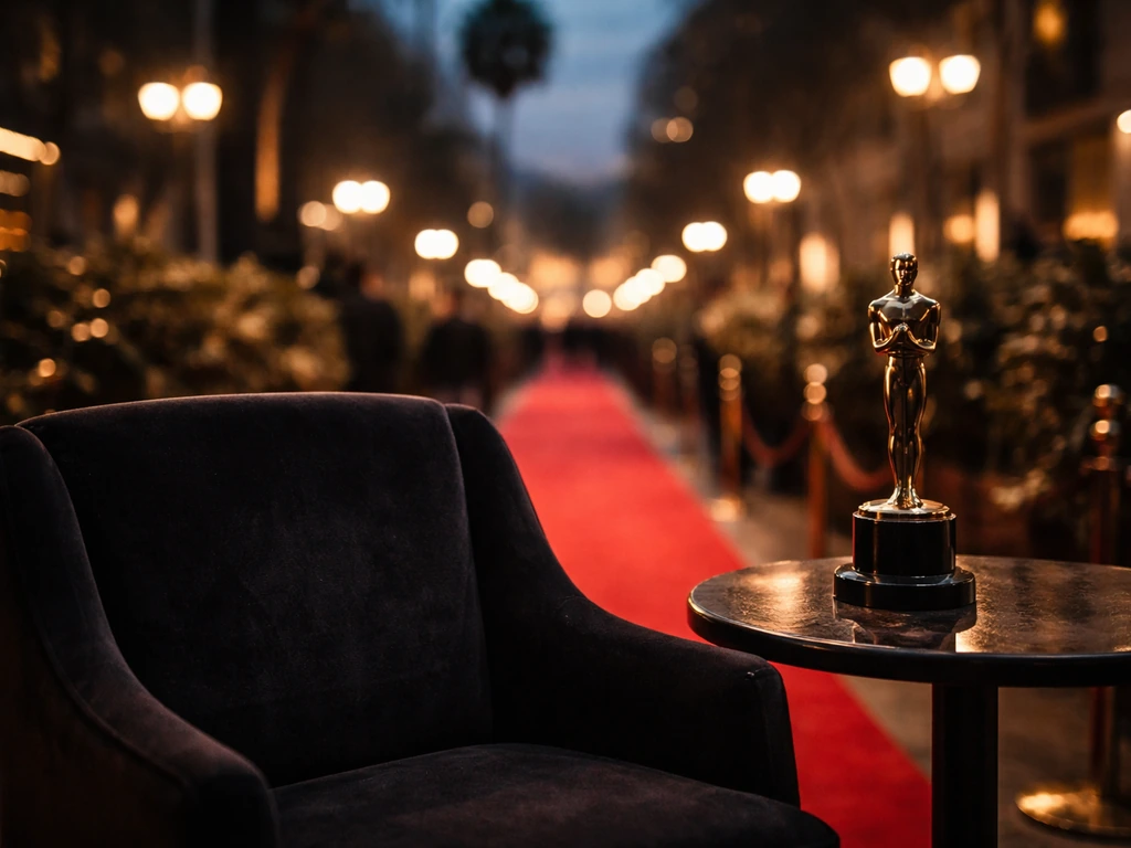 Empty seat and trophy at a film awards event, with warm stage lights and red-carpet bokeh in the background.