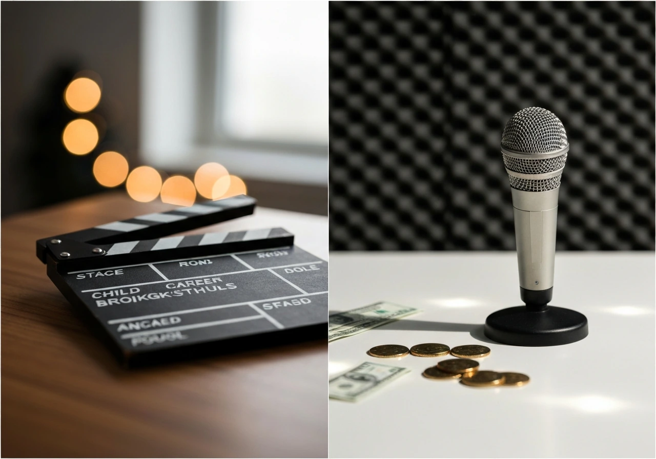 Split-scene props: film clapper and coin-like bokeh beside a streaming studio microphone, symbolizing career earnings