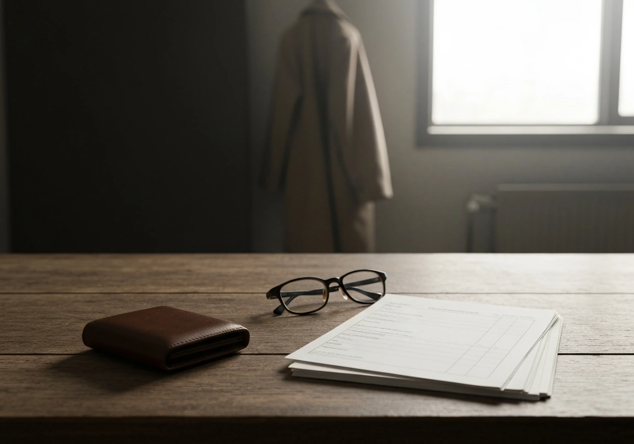 Minimal desk scene with wallet and blank film production papers, symbolizing changing wealth over time.