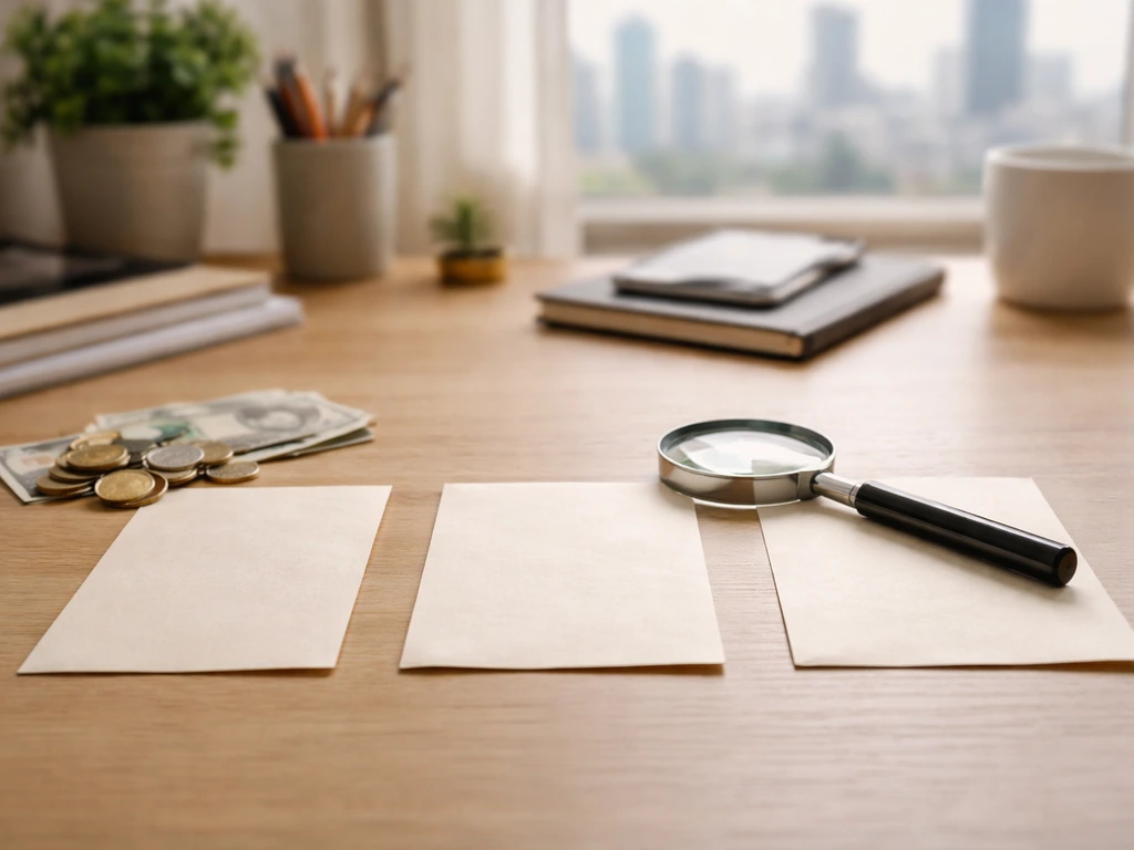 Minimal office desk with blank envelopes and a magnifying glass suggesting comparing different net-worth estimates.