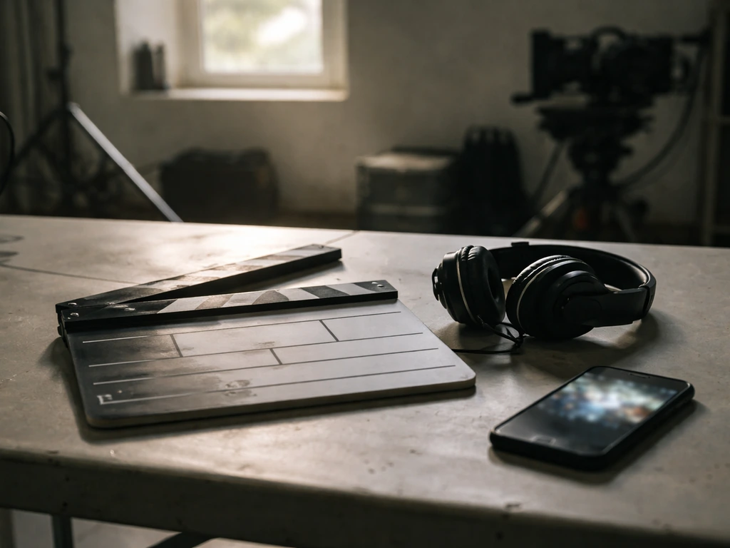 Minimal film set tabletop with clapperboard and headphones in natural light.