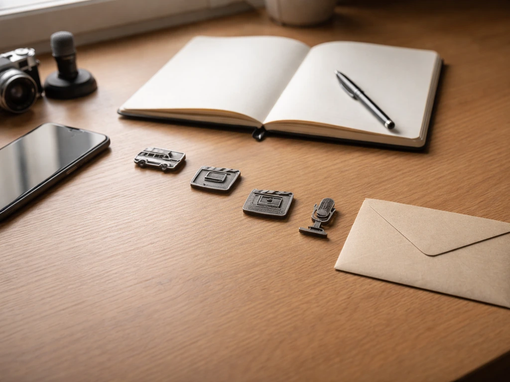 Minimal photo of a desk with a smartphone, notebook, and small icons symbolizing media milestones feeding into an estima