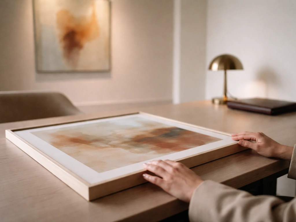 Minimal photo of a fine art entrepreneur’s desk with a gallery-style painting and gallery wall lighting