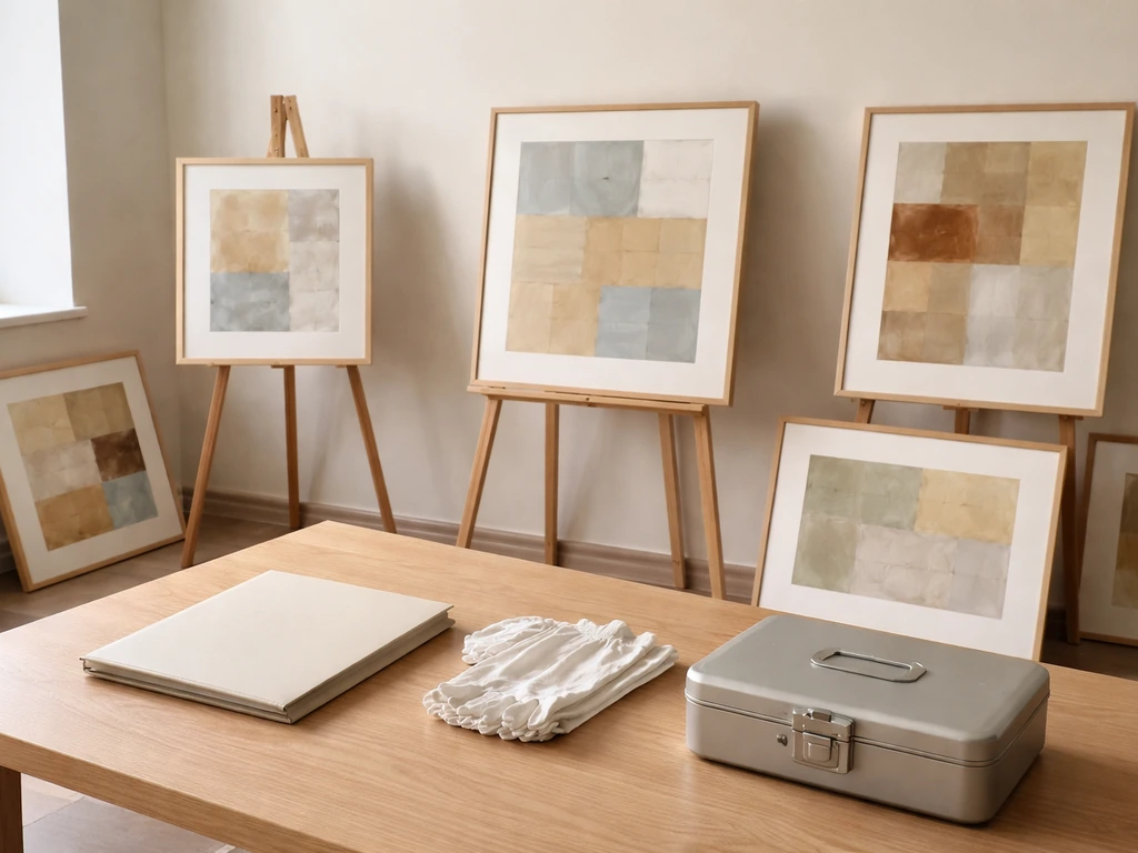 Minimal pop-up art gallery setup with framed paintings and a tidy workspace desk in soft natural light