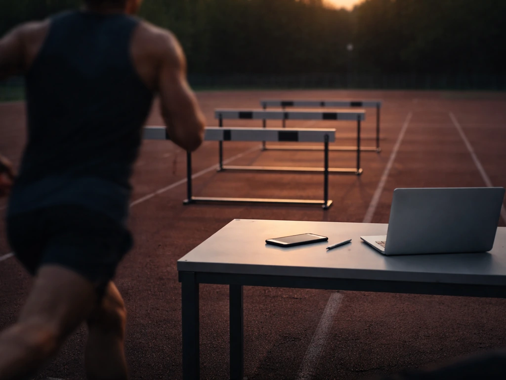 Anonymous steeplechase runner silhouette near hurdles at dusk, with a sleek finance-themed desk in the background.