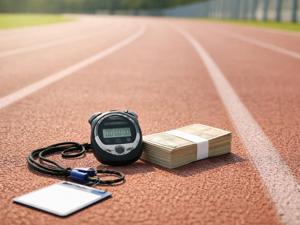 Minimal photo of a runners track background with a symbolic bright money note near a stopwatch