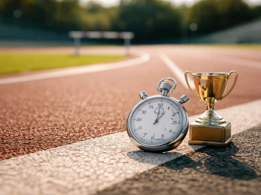 Minimal photo of a trackside stopwatch and a small trophy near an athletics track, suggesting event prize money.