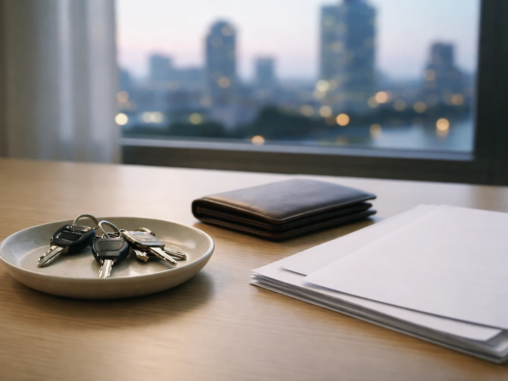 Minimal photo of a tidy desk with keys, wallet, and documents beside a blurred city skyline.