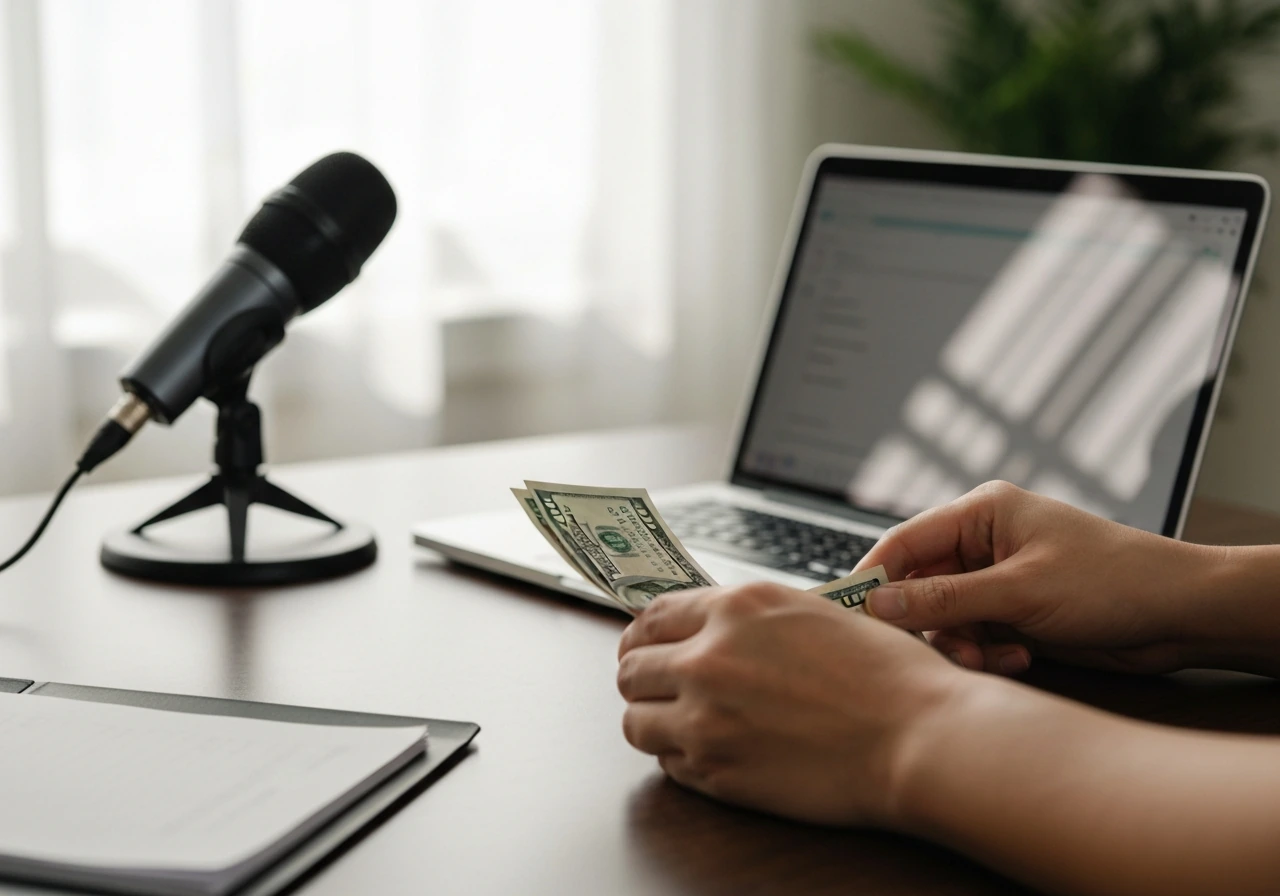 Anonymous hands with cash and a laptop in a quiet home office, hinting at financial verification.