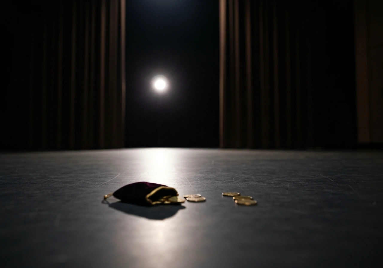 Empty theater stage with a single spotlight and a closed velvet money pouch on the floor
