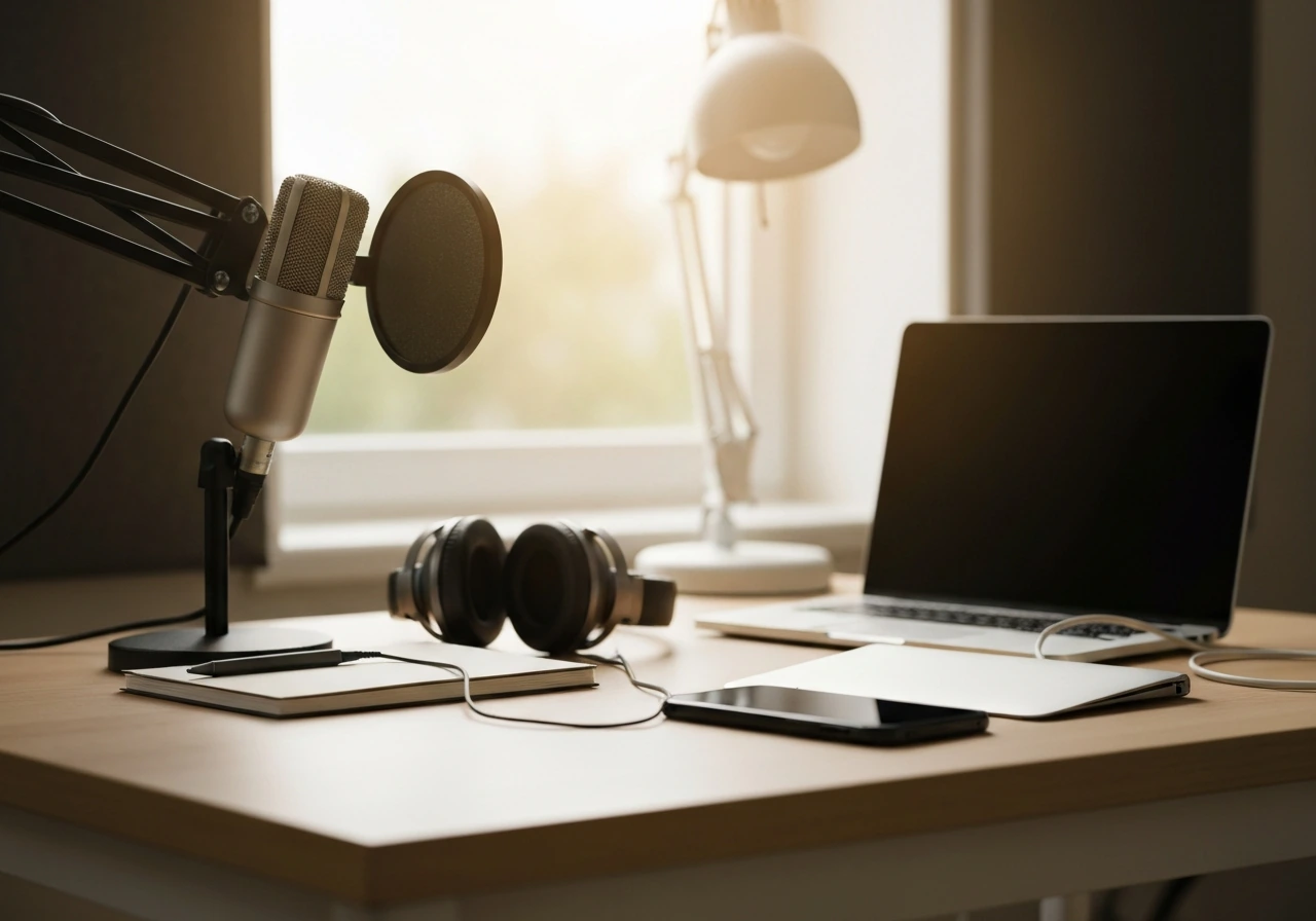 Minimal photo of a music business desk setup with microphone, studio headphones, and a closed laptop