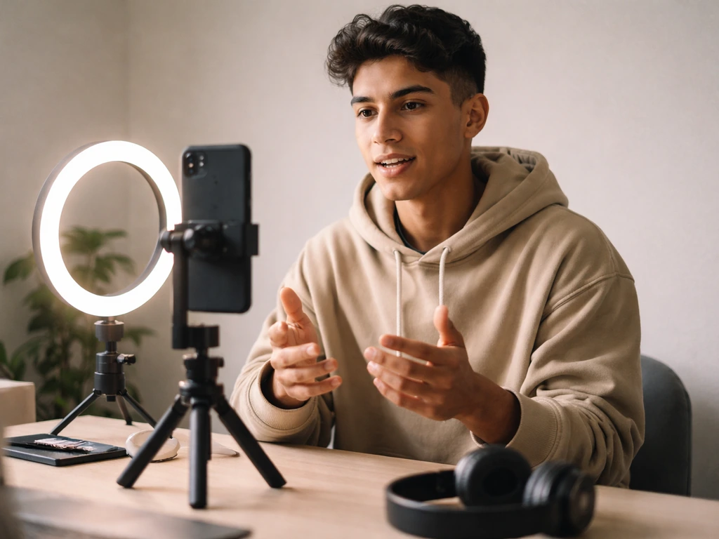 Anonymous male creator filming vertical video on a smartphone tripod in a simple home studio.