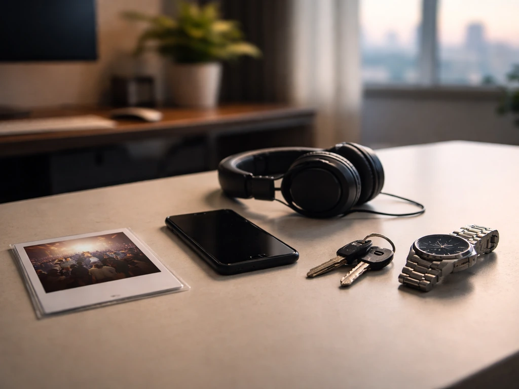Minimal media-and-luxury desk scene with items suggesting career progression, no text or identifiable person.