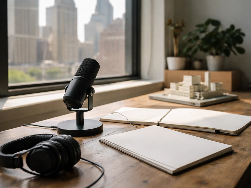 Minimal photo of a public-art inspired studio workspace with city view, symbolizing an NYC-based creative founder.