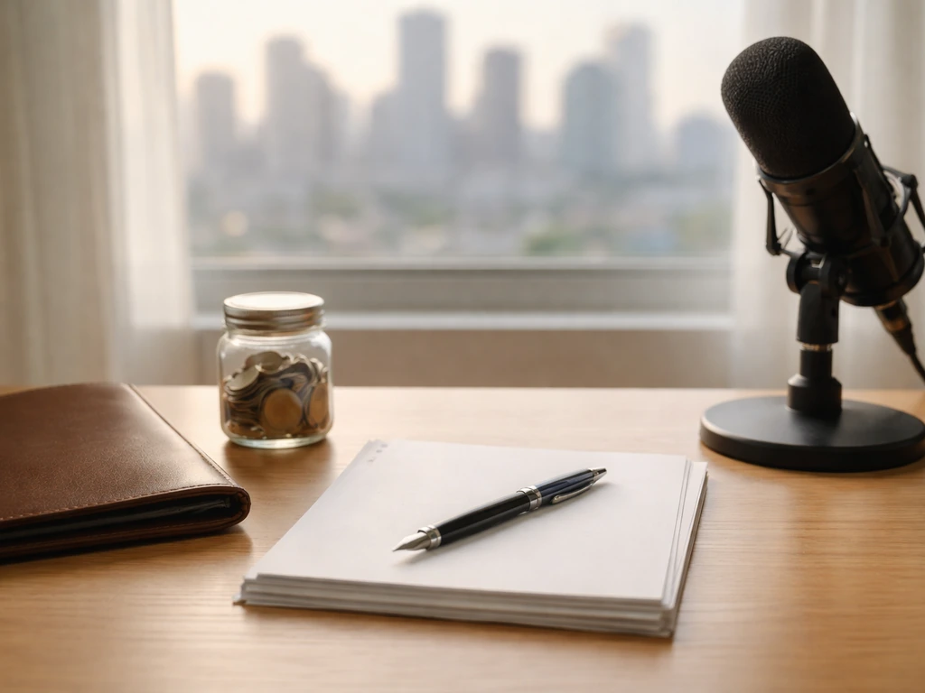 Minimal desk scene with coins, blank paper, and a pen beside a microphone and a blurred city view.