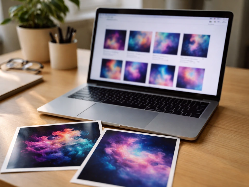 Laptop on a desk showing blurred generative NFT thumbnails with abstract cosmic art prints nearby.