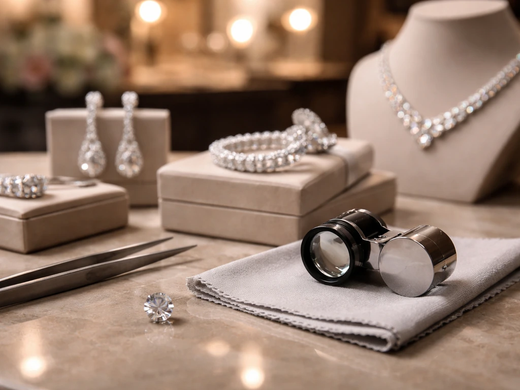 Minimal luxury jewellery studio scene with diamonds, tools, and natural light.
