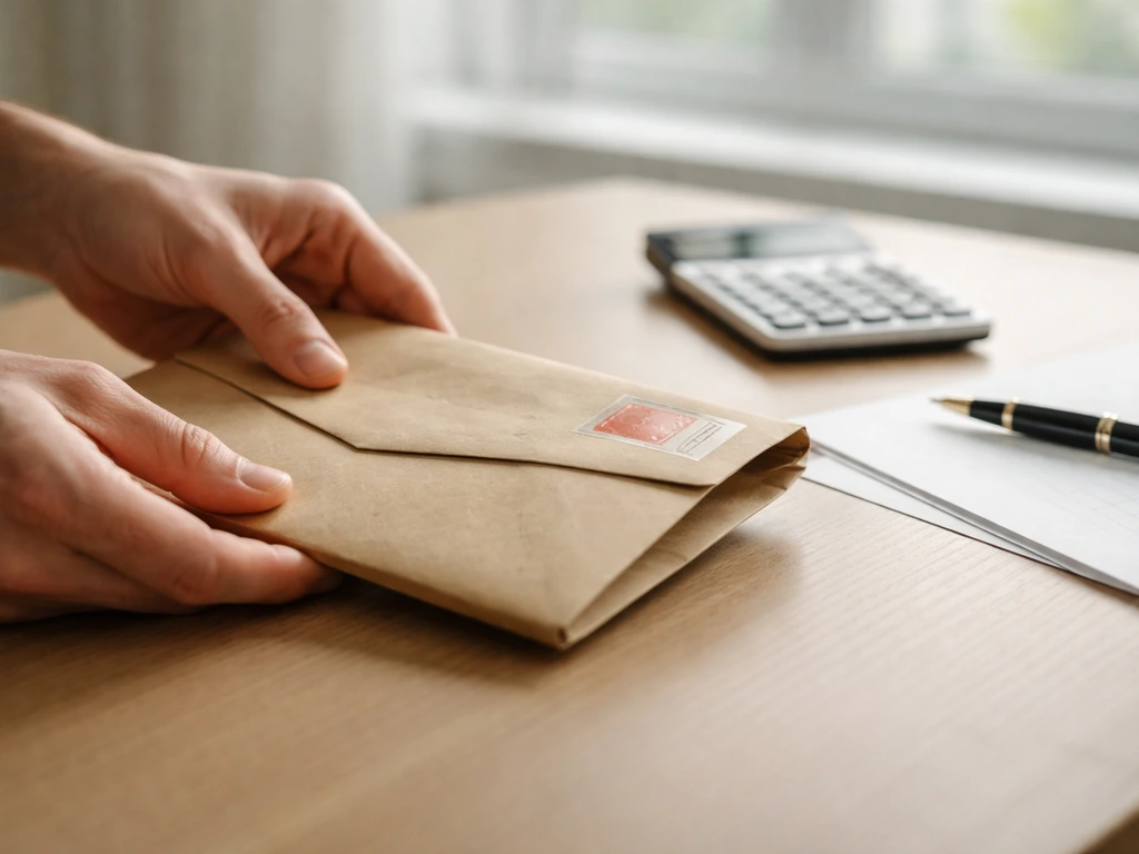 Anonymous hands placing a UK Companies House filing envelope on a desk with pen and calculator.