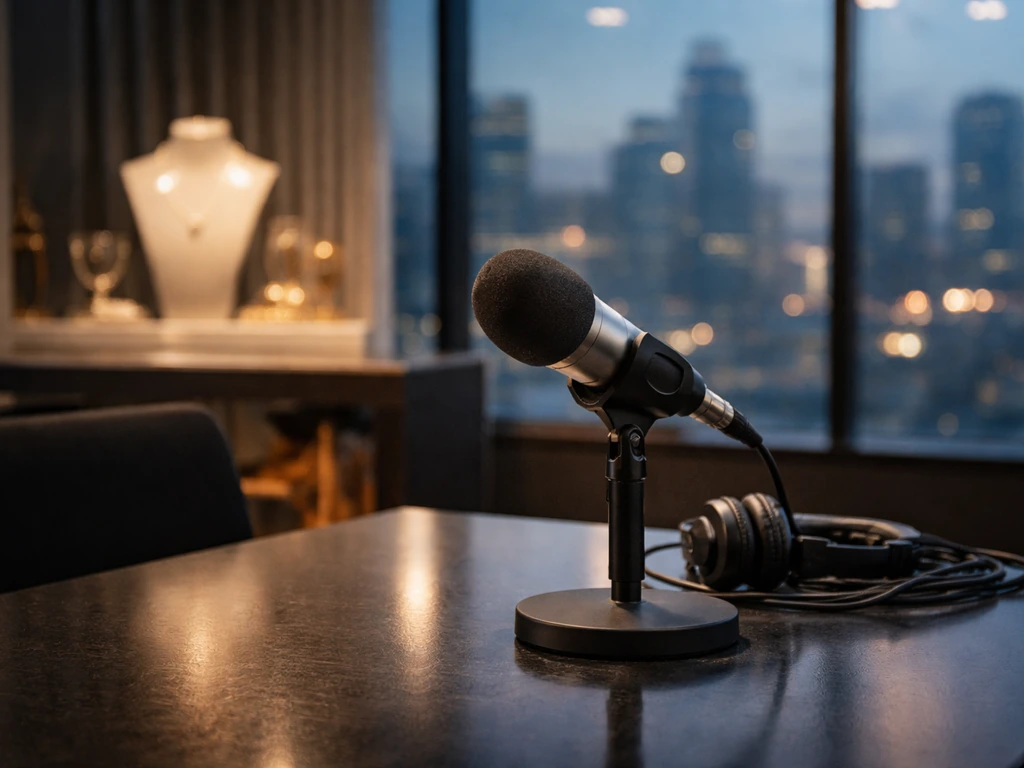 Broadcast microphone on a studio desk with soft lights and blurred city skyline, evoking luxury media coverage.