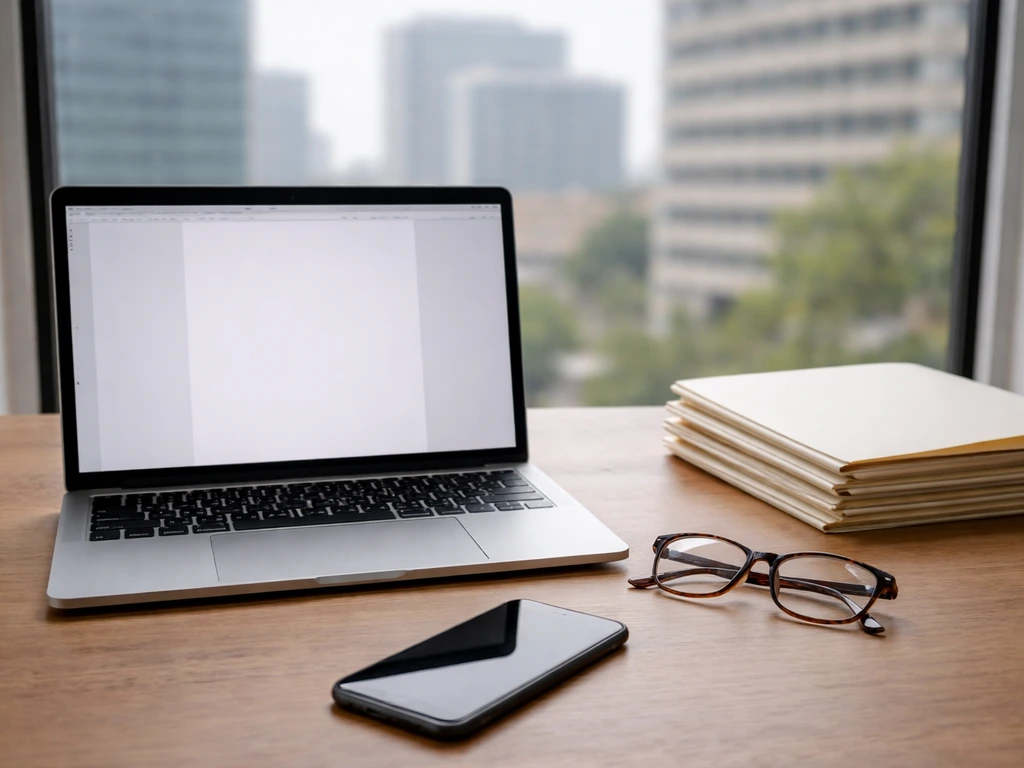Minimal desk scene with laptop, folders, glasses, and phone suggesting business record verification.