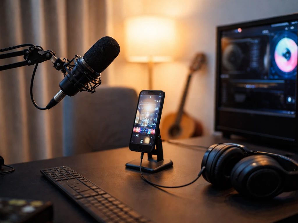 Minimal livestream desk scene with microphone, phone glow, and headphones suggesting a creator’s earnings focus.