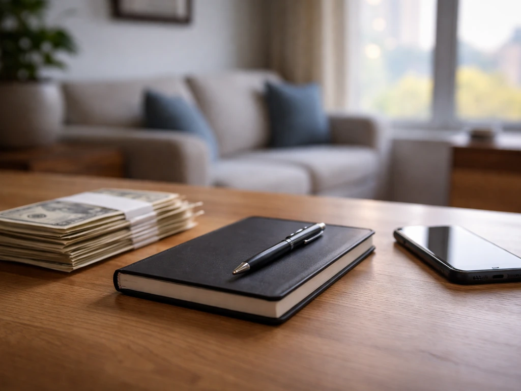 Minimal desk scene with a notebook and cash envelopes beside a smartphone, suggesting comparing net-worth sources